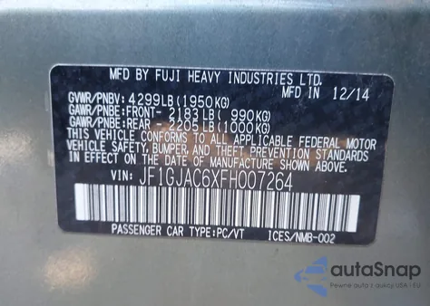 2015 Subaru Impreza 2.0I Premium из США, поврежденный, VIN JF1GJAC6XFH007264